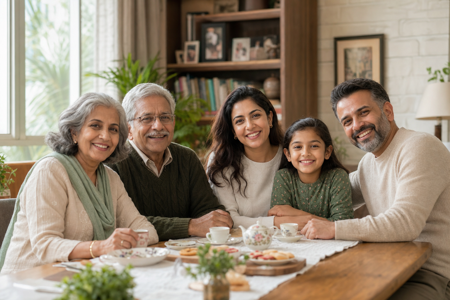 Three generations of a family smiling together at home